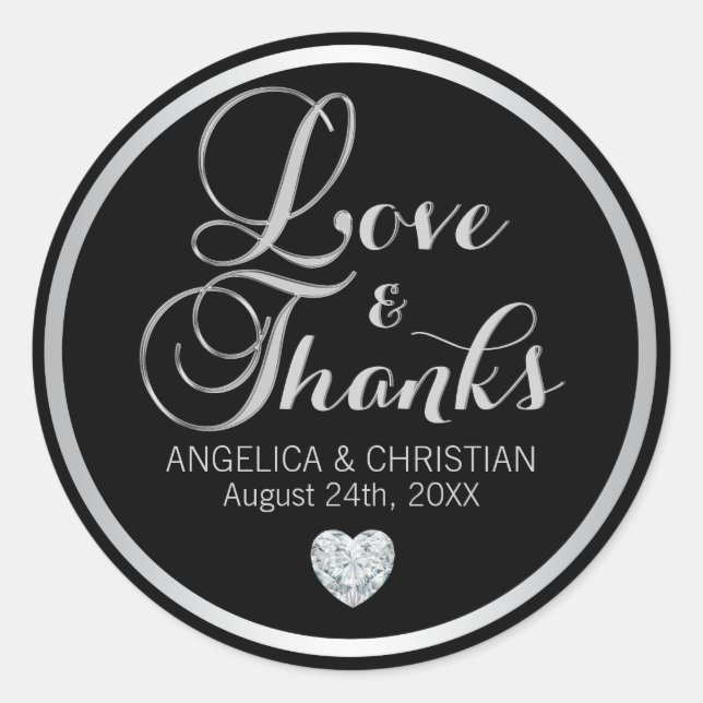 Personalized Black Silver LOVE & THANKS Wedding Classic Round Sticker (Front)