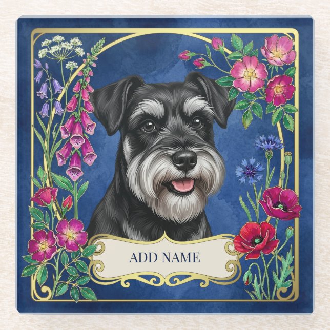 Personalized Black & Silver Schnauzer Blue Coaster (Front)