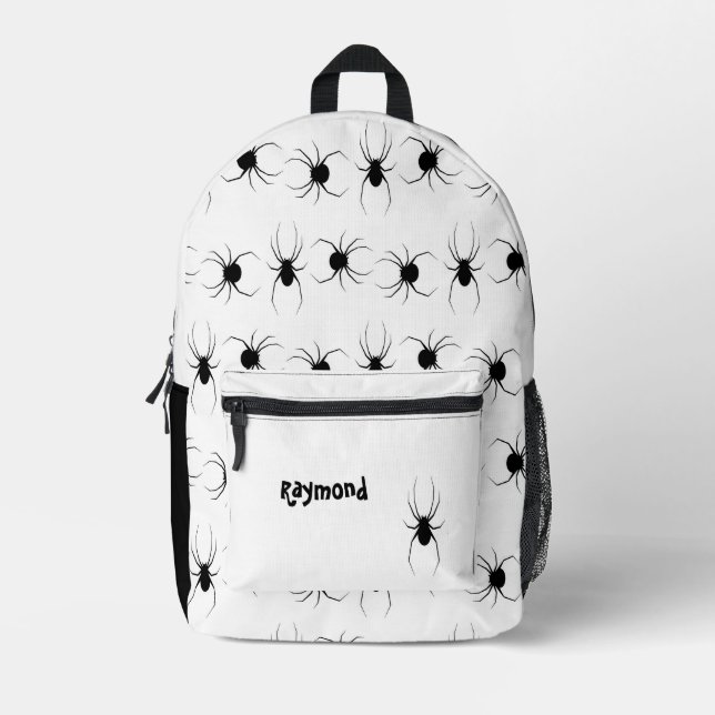 Personalized black spiders on  white printed backpack (Front)