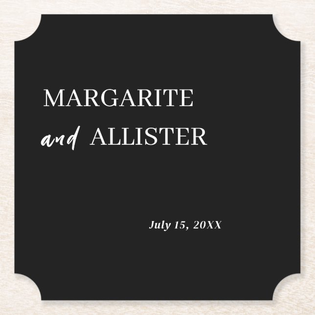 Personalized Black Square Wedding Paper Coaster (Front)