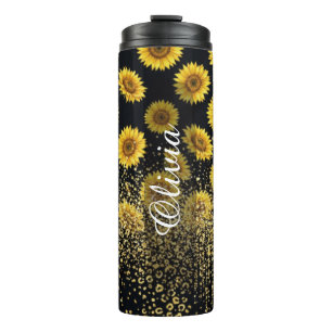 Personalized Black Sunflower Sparkle 16oz Thermal Tumbler