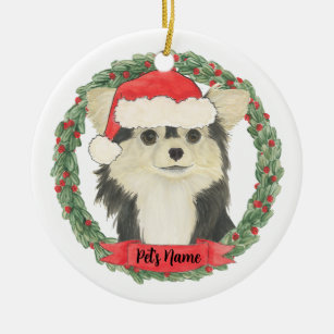 Personalized Black & Tan Long Haired Chihuahua Ceramic Ornament