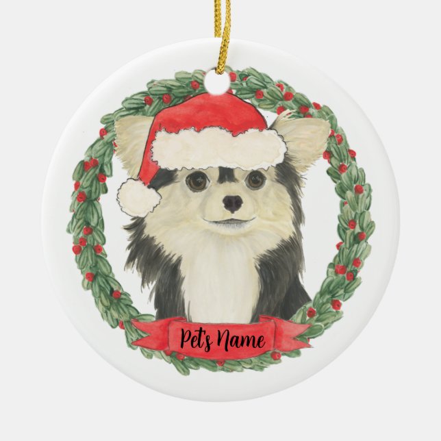 Personalized Black & Tan Long Haired Chihuahua Ceramic Ornament (Front)