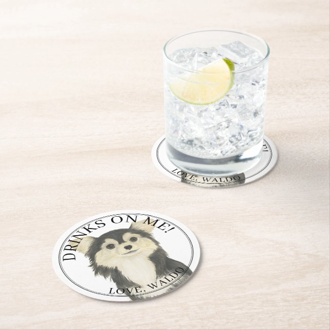 Personalized Black Tan Long Haired Chihuahua Round Paper Coaster (Insitu)