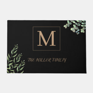 Personalized Black Tan Monogram Greenery Floral  Doormat