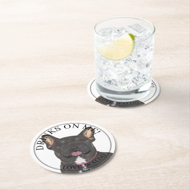 Personalized Black Tan Tricolor Frenchie Bulldog Round Paper Coaster (Insitu)