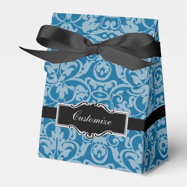 Personalized Black & Teal Damask Tent Favour Box (Front Side)