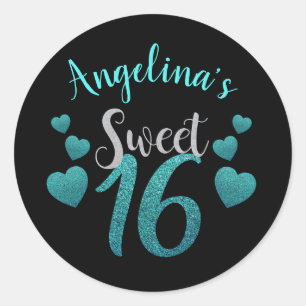 Personalized Black & Teal Glitter Sweet 16 Classic Round Sticker