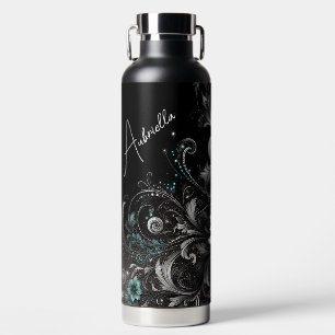 Personalized Black & Teal Glittery Floral Water Bottle