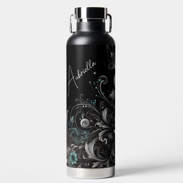 Personalized Black & Teal Glittery Floral Water Bottle (Front)