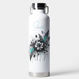 Personalized Black & Teal grafitti style floral Water Bottle