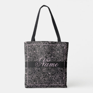 Personalized Black Tote Bag - Pink Floral Mix