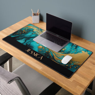Personalized Black, Turquoise, and Gold Pour Ink Desk Mat