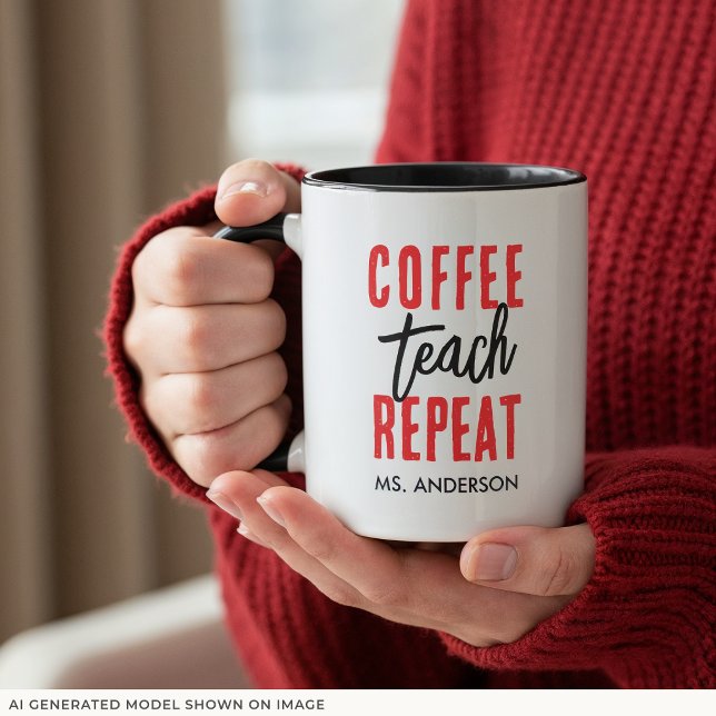 Personalized Black Typography Coffee Teacher Mug (An 11-oz mug is shown. Customize it with name and choose mug style and size.)