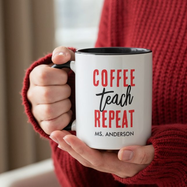 Personalized Black Typography Coffee Teacher Mug (An 11-oz mug is shown. Customize it with name and choose mug style and size.)