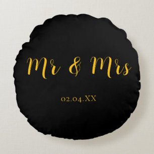 Personalized Black w/ Yellow Mr & Mrs Round Pillow