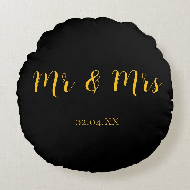 Personalized Black w/ Yellow Mr & Mrs Round Pillow (Front)