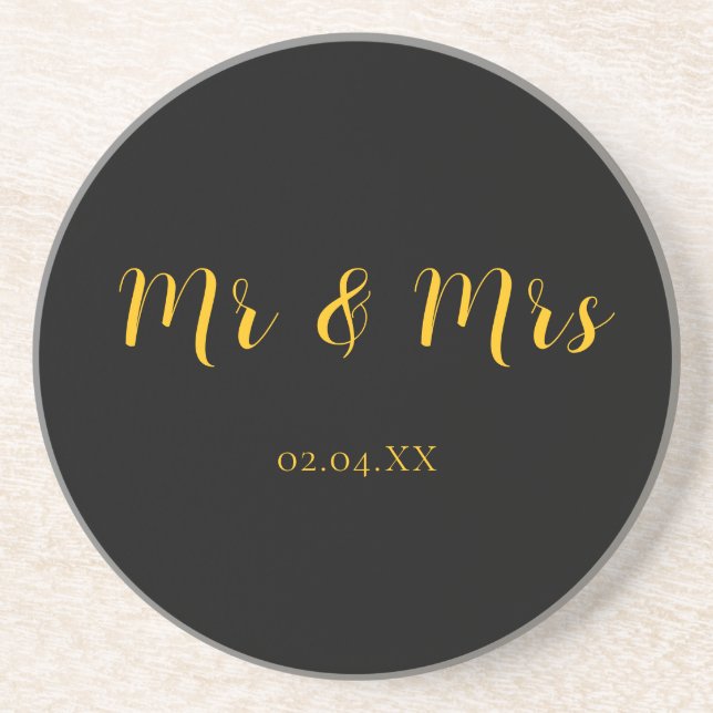 Personalized Black w/ Yellow Mr & Mrs Sandstone Coaster (Front)