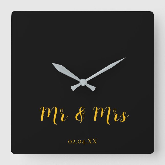 Personalized Black w/ Yellow Mr & Mrs Square Wall Clock (Front)