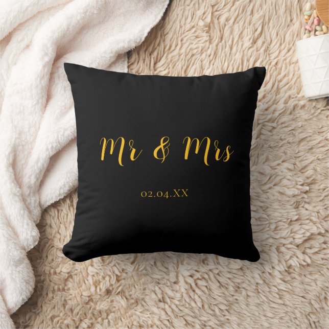 Personalized Black w/ Yellow Mr & Mrs Throw Pillow (Blanket)