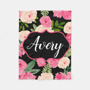 Personalized Black Watercolor Flowers Blanket