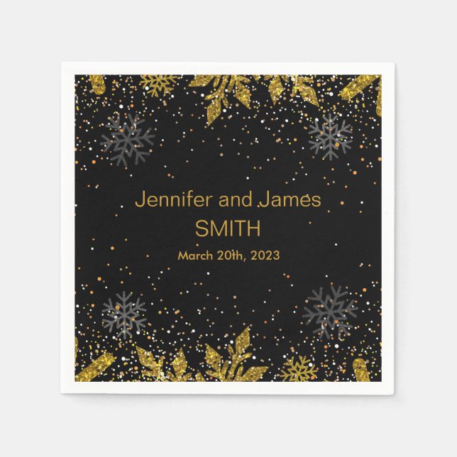 Personalized Black Wedding Confetti Gold Glitter P Napkin (Front)