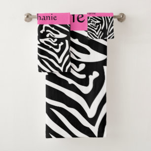 Personalized Black, White and Hot Pink Zebra Print Bath Towel Set