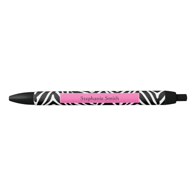 Personalized Black, White and Hot Pink Zebra Print Black Ink Pen (Front)