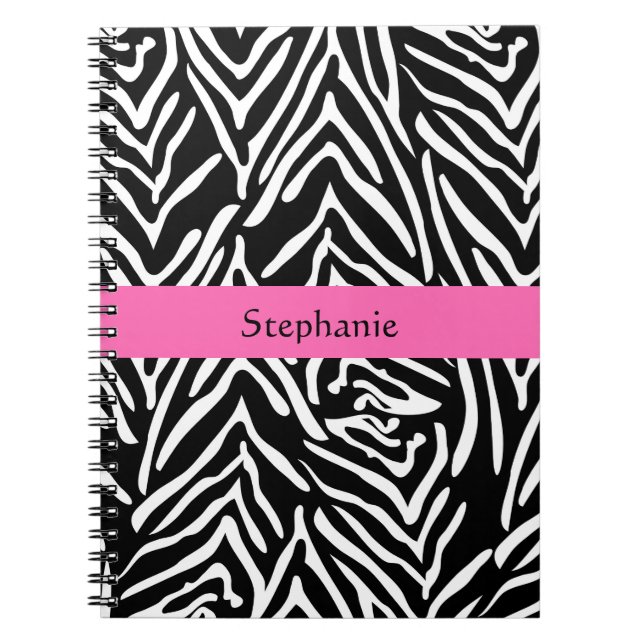 Personalized Black, White and Hot Pink Zebra Print Notebook (Front)
