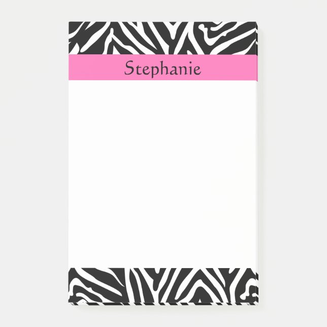 Personalized Black, White and Hot Pink Zebra Print Post-it Notes (Front)