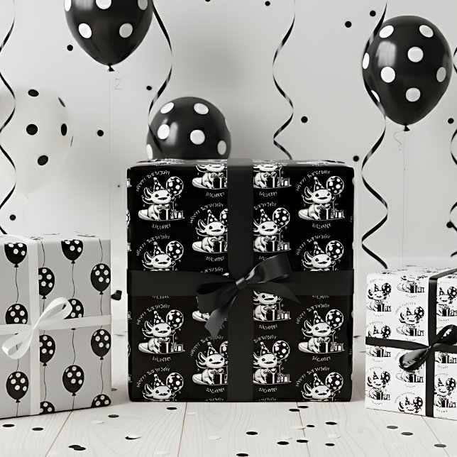 Personalized Black & White Axolotl Birthday Wrapping Paper Sheet (Creator Uploaded)