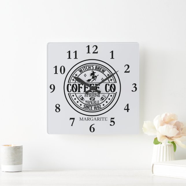 Personalized Black & White  BG "Witch Coffee Co. Square Wall Clock (Home)