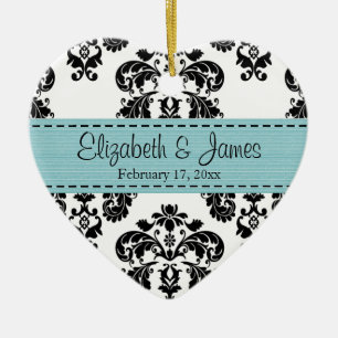 Personalized Black White Blue Damask Wedding Ceramic Ornament