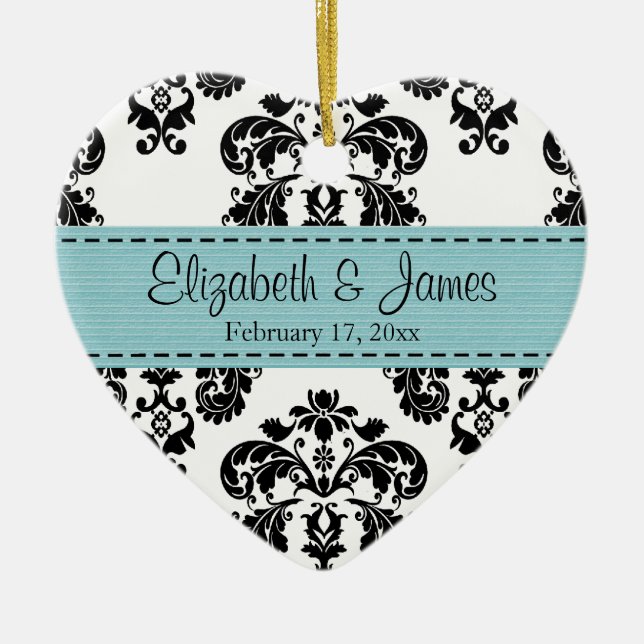 Personalized Black White Blue Damask Wedding Favou Ceramic Ornament (Front)