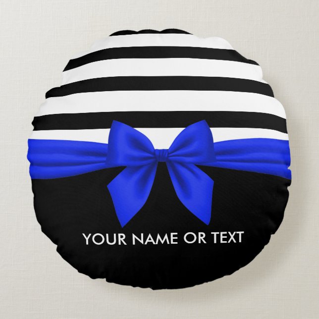 Personalized Black, white Bold Stripes Blue Bow Round Pillow (Front)