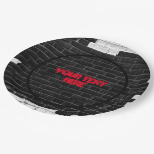 Personalized Black & White Brick Wall Paper Plate