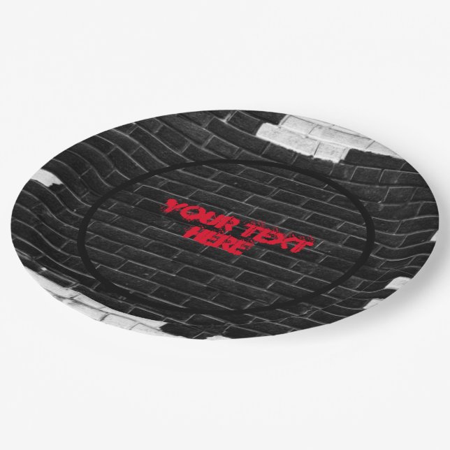Personalized Black & White Brick Wall Paper Plate (Angled)