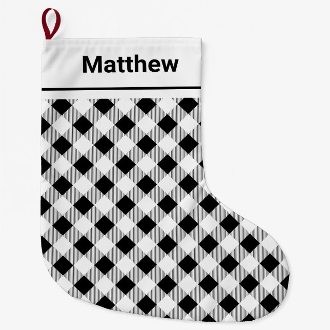 Personalized Black White Buffalo Check Christmas Large Christmas Stocking (Front)