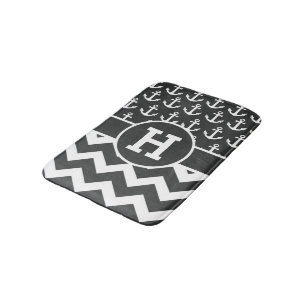 Personalized Black White Chevron Anchors Pattern Bath Mat