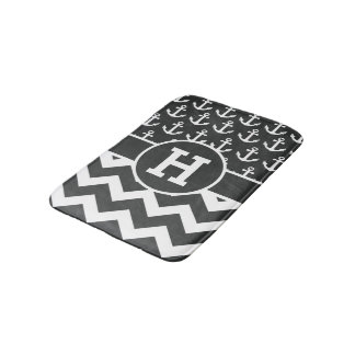 Personalized Black White Chevron Anchors Pattern Bath Mat