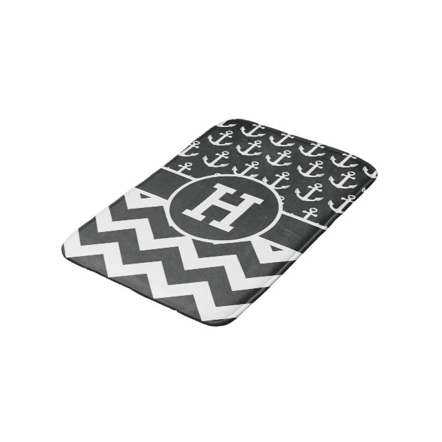 Personalized Black White Chevron Anchors Pattern Bath Mat (Angled)