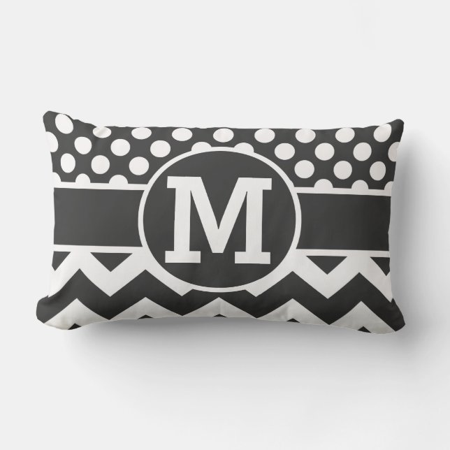 Personalized Black White Chevron Polka Dots Print Lumbar Pillow (Front)