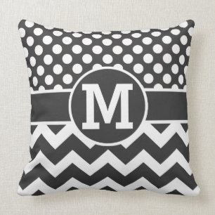 Personalized Black White Chevron Polka Dots Print Throw Pillow