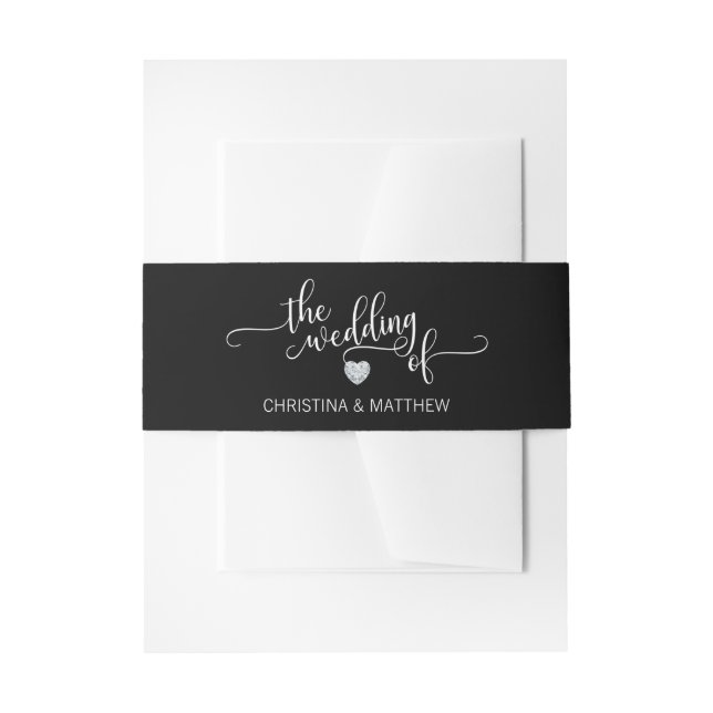 Personalized Black White Diamond Heart Wedding Invitation Belly Band (Front Example)