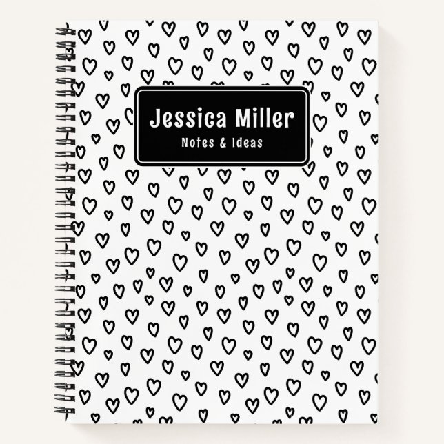 Personalized Black & White Doodle Heart Notebook (Front)