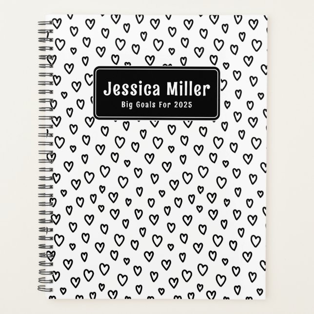 Personalized Black & White Doodle Pattern Heart  Planner (Front)