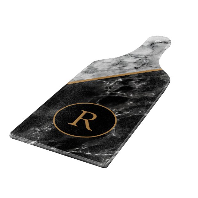 Personalized Black White Faux Marble Cutting Board (Corner)