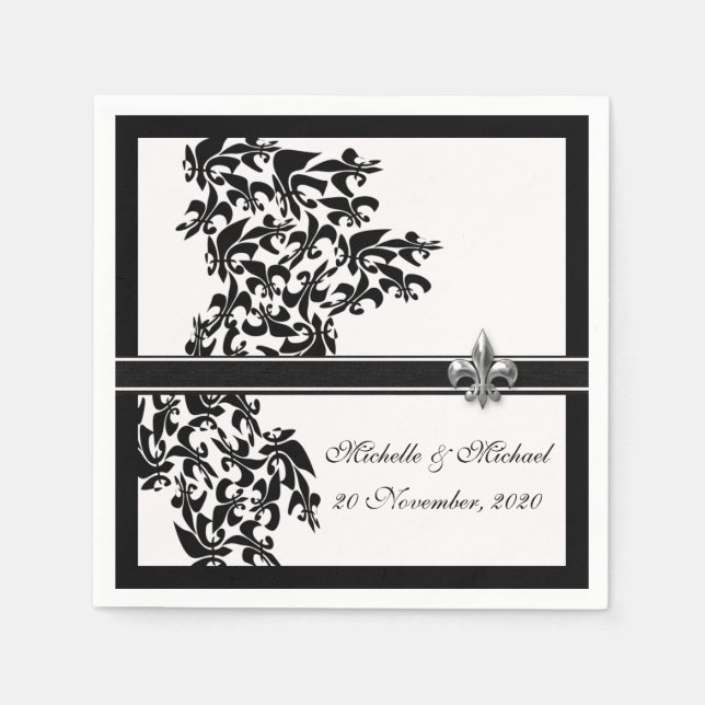 Personalized Black White Fleur de Lis Damask Style Napkin (Front)