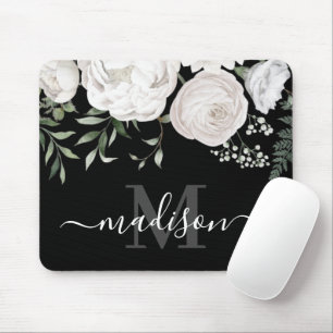 Personalized Black White Floral Name Monogram Mouse Pad