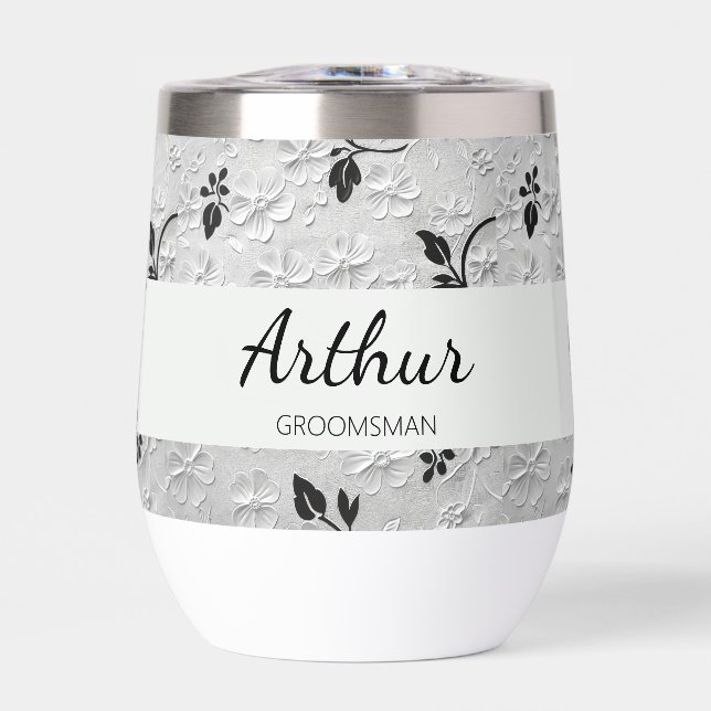 Personalized Black & White Florals Groomsman Gift (Front)